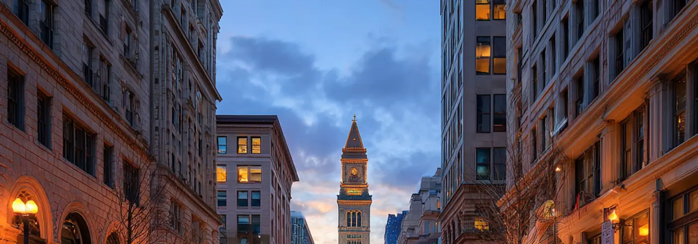 Boston Custom House Tower and downtown street buildings perfectly reflected in rain water at dusk — symmetrical composition