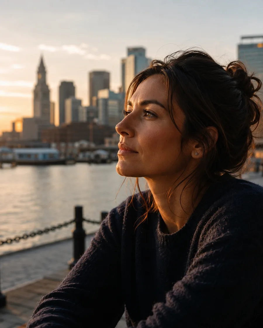 Person looking thoughtfully toward the Boston harbor skyline at golden hour, Custom House Tower visible in background